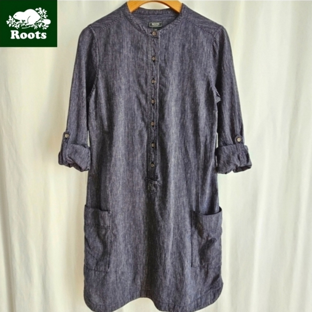 🇨🇦 Roots Navy Blue Stripe Hemp Shirt Dress - Picture 2 of 16
